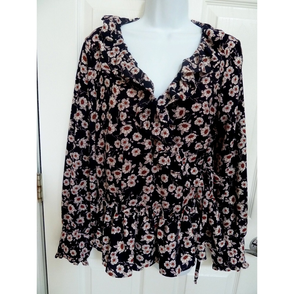 Everleigh Women Medium Navy Floral Ruffled Cross Tie Blouse BE15388-RK NWT